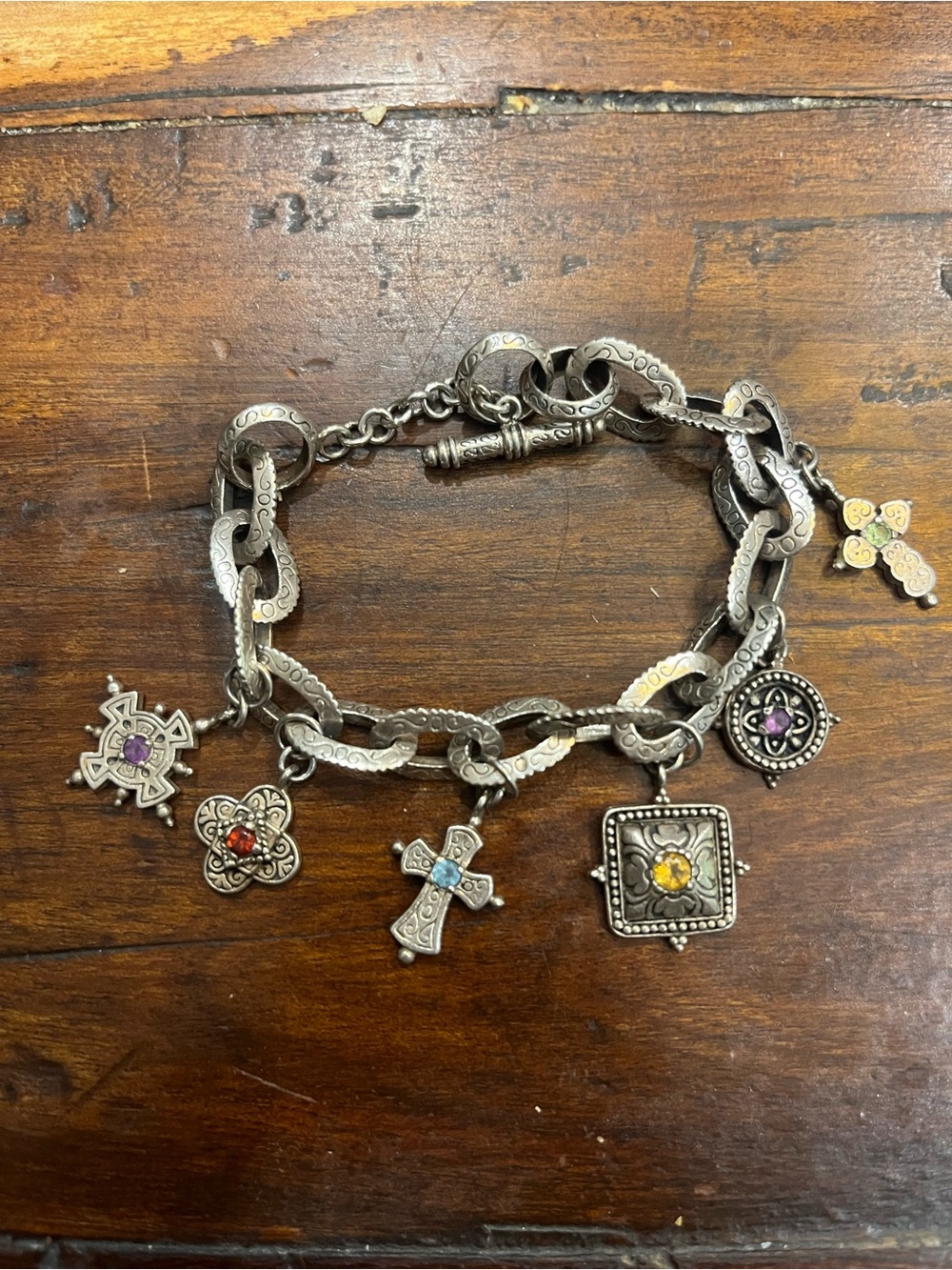 Sterling-Style Multi-Charm toggle Bracelet with Colored Gem Accents